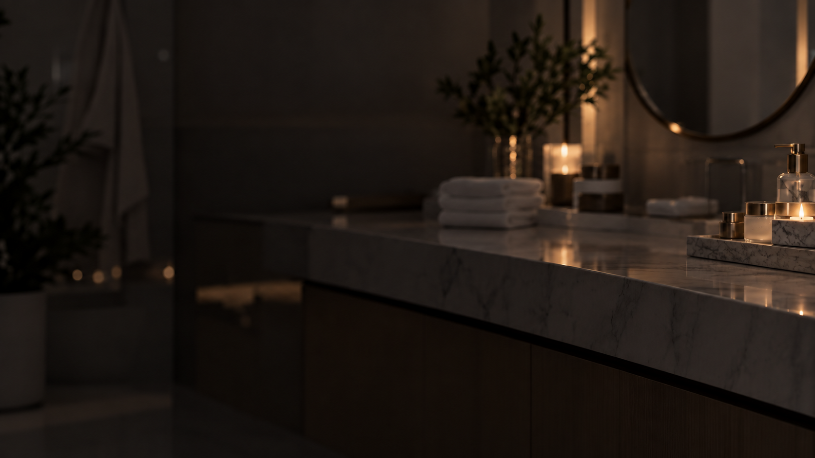 Warmly lit bathroom vanity with skincare products and candles